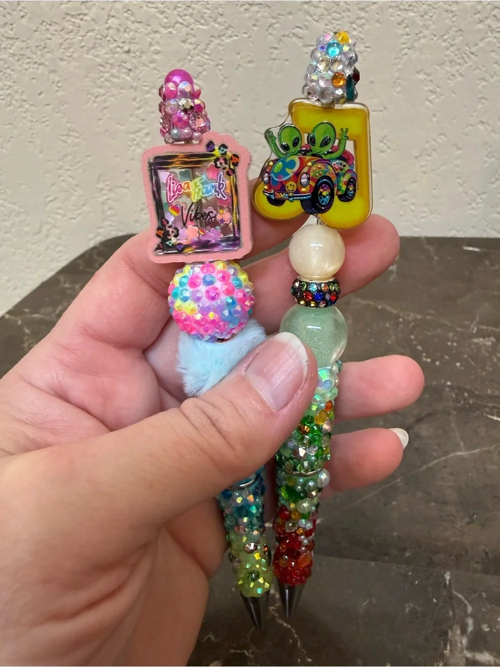 Lisa Frank Aliens Colorful Rhinestone Beaded Pen Set Handmade